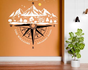 Personalized Mountain Wall Decal | Custom Compass Vinyl Sticker | Family Name | Coordinates | Cabin Wall Decor | Adventure Gift