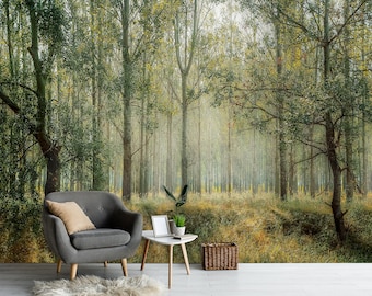 Papel de Parede Mural Florestal para Quarto, Papel de Parede Árvores da Natureza Selvagem, Decoração de Parede para Escritório, Papel de Parede Autoadesivo com Tema Floresta