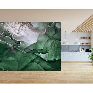 Dark Green Marble Mural Modern Abstract Wall Decor Emerald Green Wall Mural Watercolor Wallpaper Peel and Stick Traditional Accent Wall Art