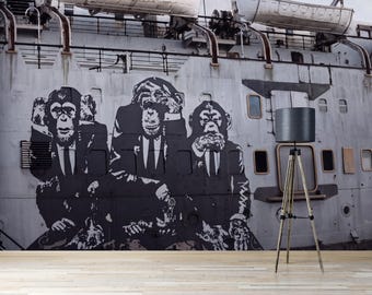 Luxury Industrial Monkey Wall Mural | Three Wise Monkeys Wallpaper | Modern Loft Ship Wall Art | Black Gray Peel and Stick