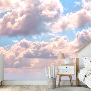 Carta da parati "Sky Wind", nuvole rosa, cielo blu, murale, stampa di un giorno nuvoloso, carta da parati tradizionale in tessuto non tessuto, decorazione da parete con accenti atmosferici