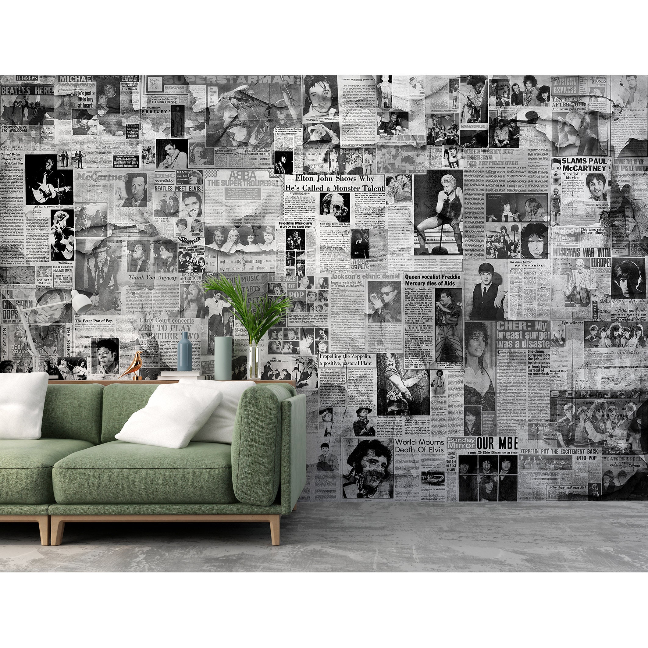 Newspaper Wallpaper about Rock and Pop Stars Wall Mural Retro Vintage Wall Decor, Peel and Stick / Traditional Paper, Custom Size