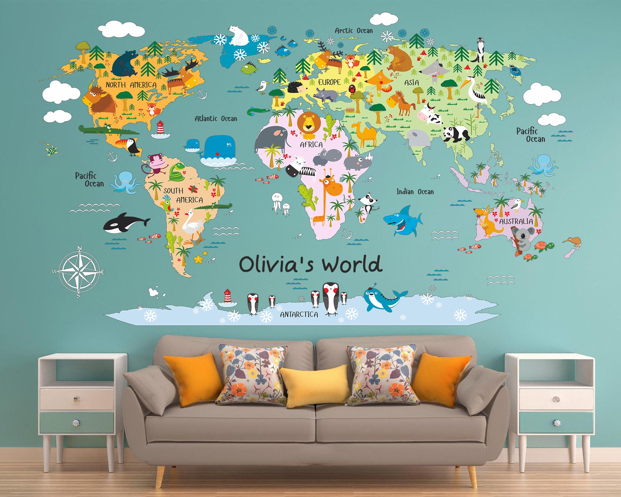 Kids Wall Decal Animal Map Wall Sticker Playroom Nursery Wall Etsy