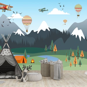 Kinderlandschaft Wandbild Bergwald Himmel Heißluftballon Segelflugzeug Traditionelle Tapete Kinderzimmer-Wand-Dekor Stick und Abziehen Tapete Kinder