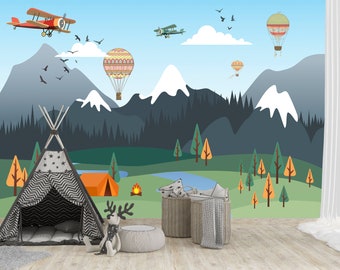 Kids Scenery Wall Mural Mountain Forest Sky Hot Air Baloon Glider Traditional Wallpaper Child Room Wall Decor Stick and Peel Wallpaper Kids