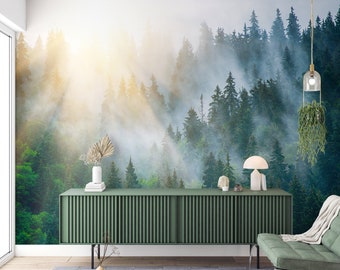 Wandbild Sonnige nebelige Waldbäume Tapete Schälen und aufkleben / Traditionelle, Waldlandschaft Tapete Waldnatur-Landschafts-Tapete Wandbild