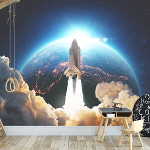 Carta da parati murale con lancio dello Space Shuttle, staccabile e adesiva, per la sala giochi, per la cameretta dei bambini, carta da parati con razzo spaziale, carta da parati con stampa NASA