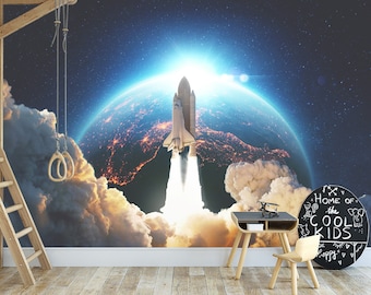 Space Shuttle Launch Wall Mural Wallpaper Peel and Stick Playroom Nursery Kids Room Wall Decor Space Rocket Wallpaper Nasa Wallpaper Printed