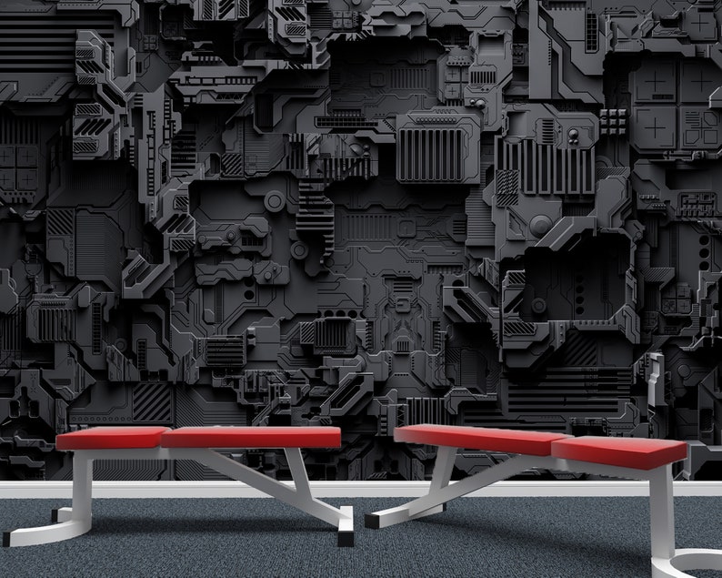 May include: Two weight benches with red padded tops and white frames are positioned in front of a dark gray, textured wall. The wall has a complex, mechanical design. The floor is a dark blue.