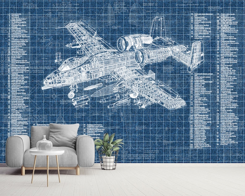 May include: A wall mural featuring a detailed white technical blueprint of an A-10 Thunderbolt II aircraft on a blue grid background, complete with extensive numbered parts lists and technical annotations displayed on both the left and right sides.