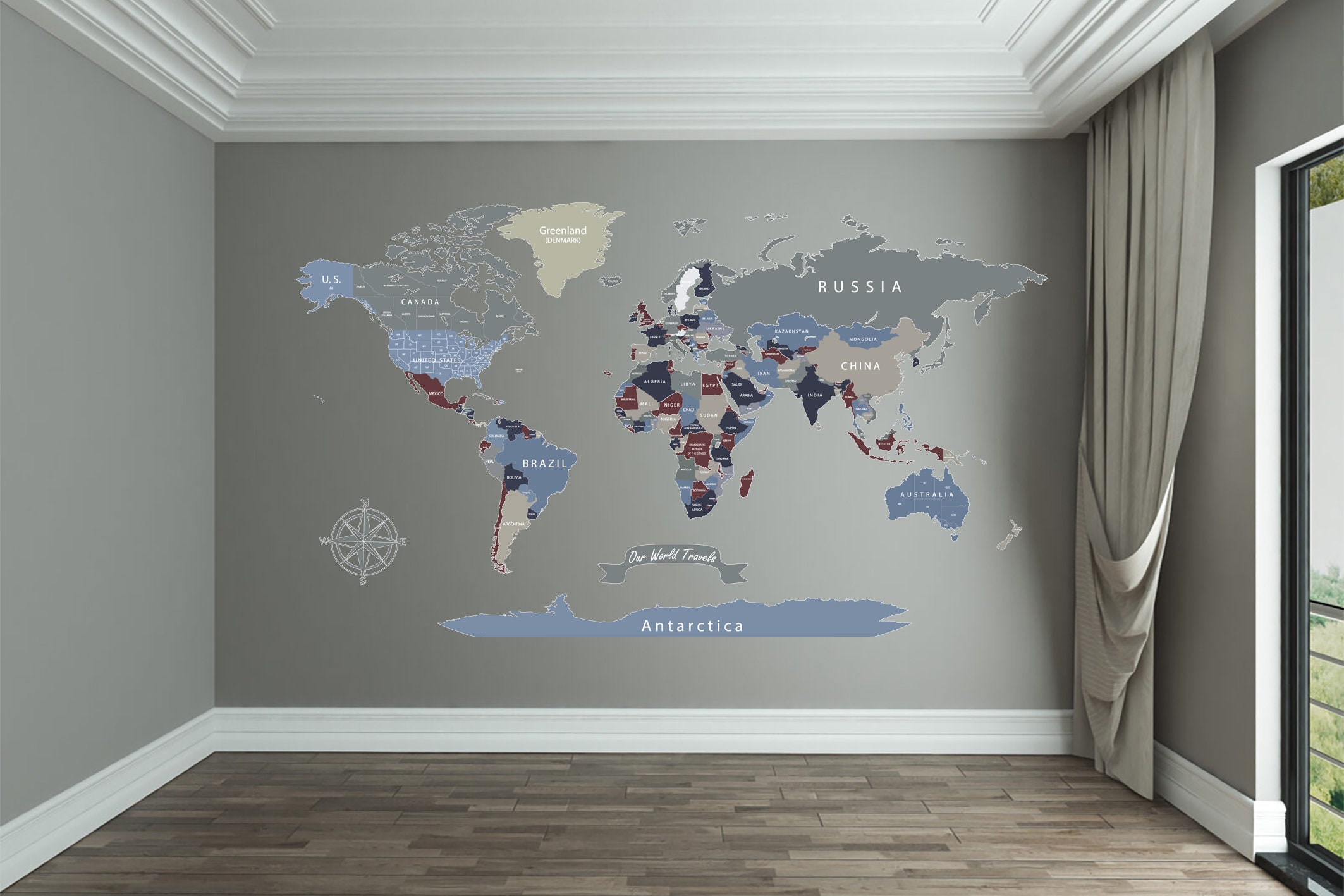 Extra Large World Map Decal Blue World Map Sticker Travel Map Push Pin ...