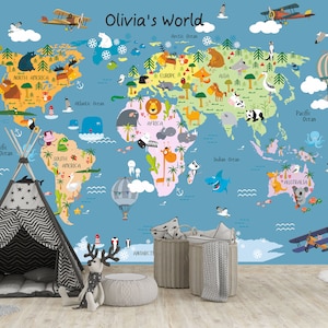 Benutzerdefinierte Kinder Karte Wandbild Cute Animal Map Peel and Stick Wallpaper Kinder Karte Aufkleber Kinderzimmer Dekor Geschenk für Kinderspielzimmer Tapete Bunt
