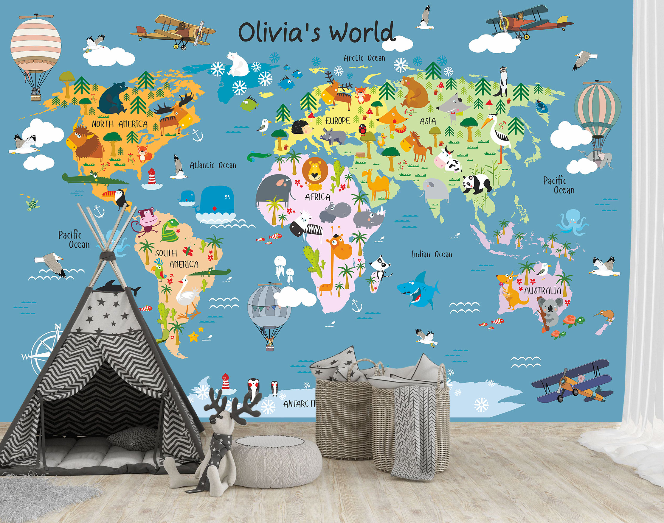 kids Animals of the World Book and Matching Wall Map BOOK AND WALL DECALS 