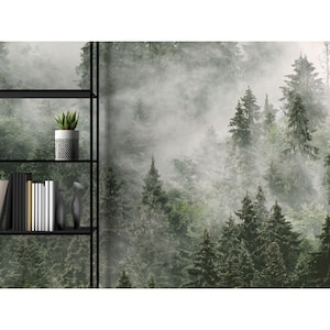 Misty Forest Wallpaper Scenic Landscape Wall Mural Bedroom Living Room Decor Dark Green Trees Scenery Wallpaper Peel and Stick | Traditional