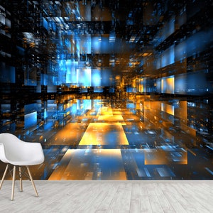 Puede incluir: Papel tapiz de arte digital abstracto con un dise&ntilde;o futurista que presenta un camino amarillo y azul brillante a trav&eacute;s de una cuadr&iacute;cula de cuadrados.