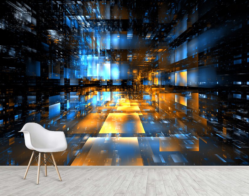 Puede incluir: Papel tapiz de arte digital abstracto con un dise&ntilde;o futurista que presenta un camino amarillo y azul brillante a trav&eacute;s de una cuadr&iacute;cula de cuadrados.