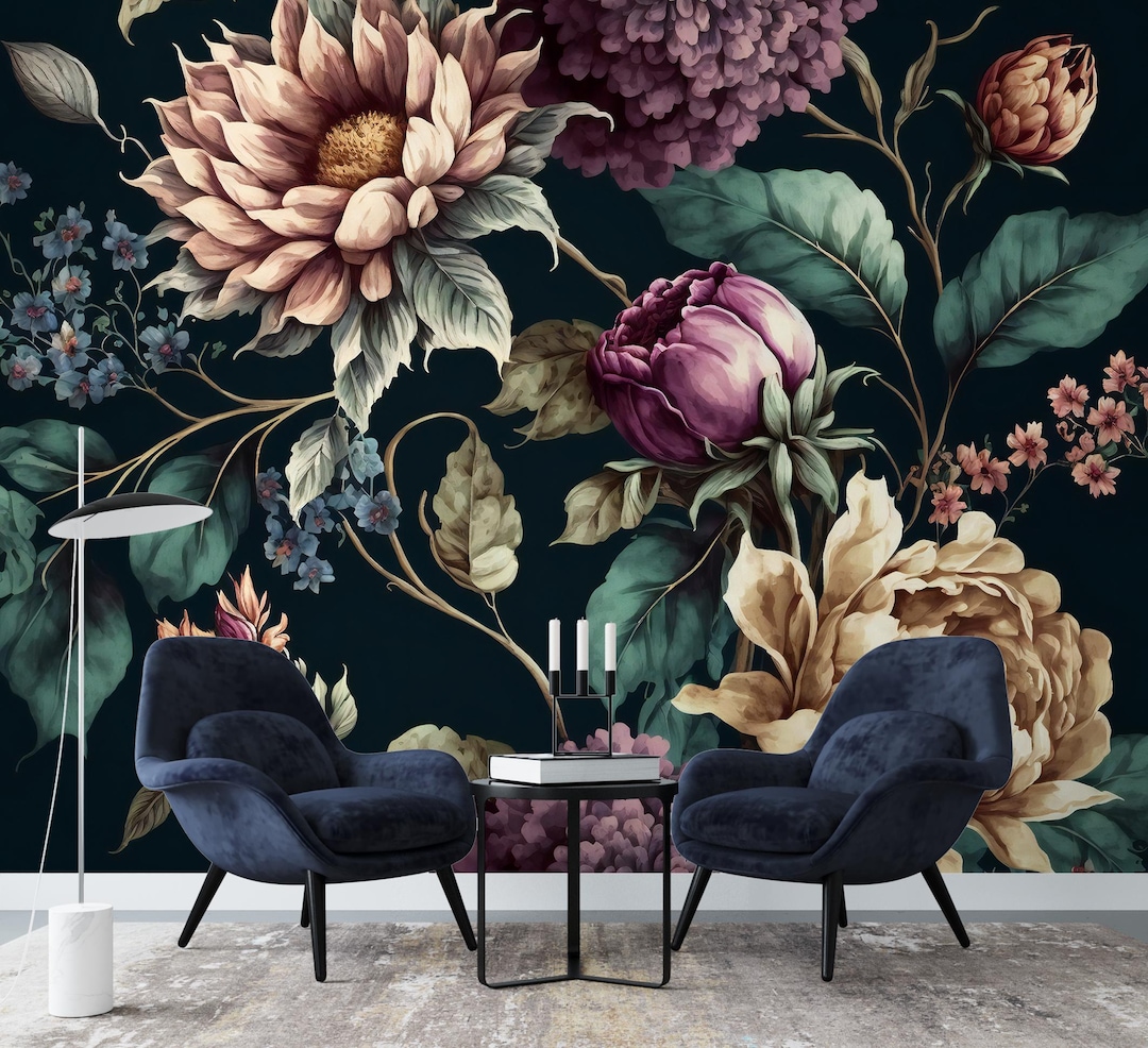 Dark Floral Wallpaper Mural Large Flower Buds Wallpaper Peel and Stick ...