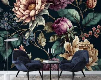 Dark Floral Wallpaper Mural Large Flower Buds Wallpaper Peel and Stick Trendy Botanical Wallpaper Bedroom Wallpaper Vintage Floral Wallpaper