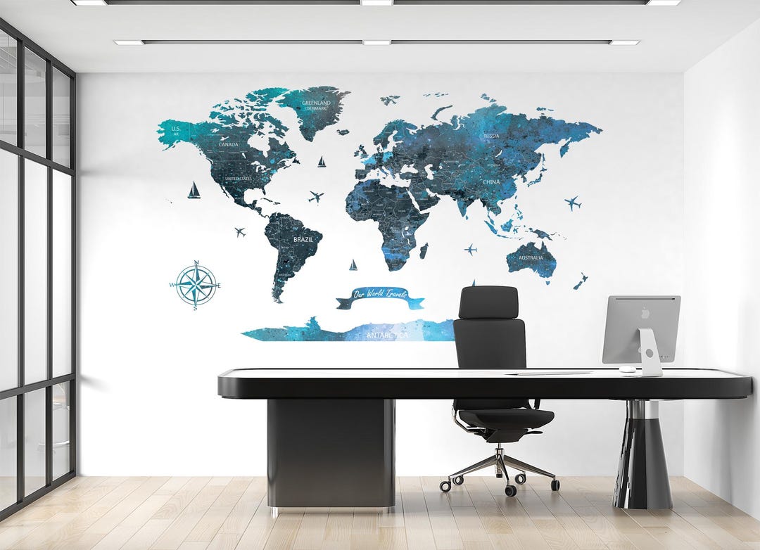 Blue World Map Wall Decal - Large Travel Map Wall Sticker, Home Wall ...