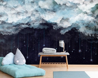 Kids Baby Boy Bedroom Playroom Wallpaper Bluish Clouds and Starry Sky Background Wall Mural Self-Adhesive or Traditional Wallpaper Print