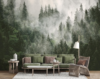 Misty Forest Wallpaper Scenic Wall Mural Bedroom Living Room Decor Dark Green Trees Scenery Wallpaper Peel and Stick Landscape Home Decor