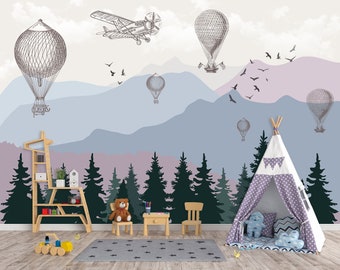 Minimalistische Landschafts-Wandbild-Tapete für Kinder zum Abziehen und Aufkleben, Kinderzimmer-Tapete, Spielzimmer-Tapete, Blau-Flieder-Druck mit Heißluftballons