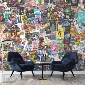 Retro Rock Band Posters Collection Wallpaper – Vintage Music Wall Mural - Cool Decor Music Themed Interiors Wallpaper Mural Peel and Stick