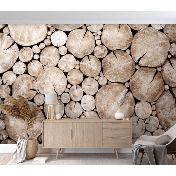 Sawn Wood Logs Mural Wallpaper Scandinavian Round Logs Slice Peel and Stick Wallpaper Wood Effect Farmhouse Rustic Texture Wallpaper Decor