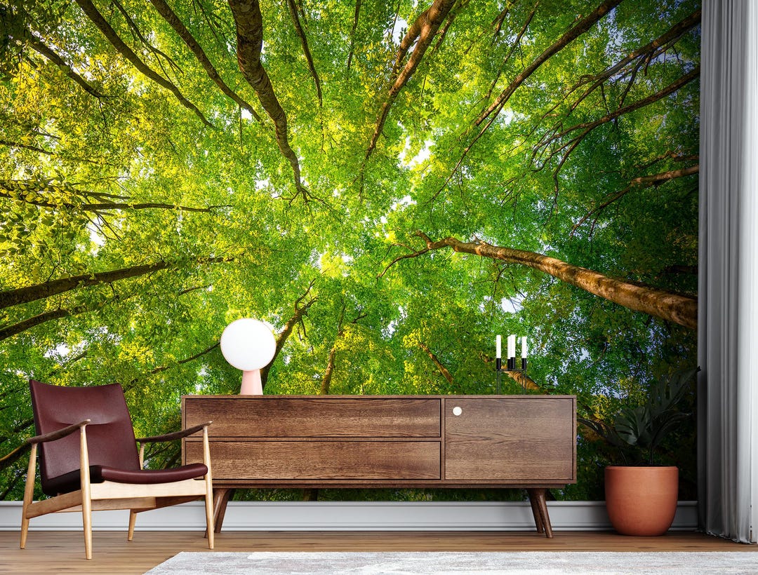 Forest Tree Mural Peel and Stick Wallpaper Sunny Green Trees Wallpaper ...