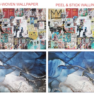 May include: The image showcases two types of wallpaper: non-woven and peel & stick. The top section features colorful artwork with figures and text. The bottom section displays an abstract design with shades of blue, white, and gold. The text in the image reads "NON-WOVEN WALLPAPER" and "PEEL & STICK WALLPAPER".