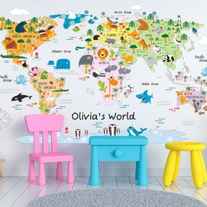 Kids Wall Decal Animal Map Wall Sticker Playroom Nursery Wall Decor Childrens Map Art Decal Kids Wall Decor Map With Animals Kids Map Art