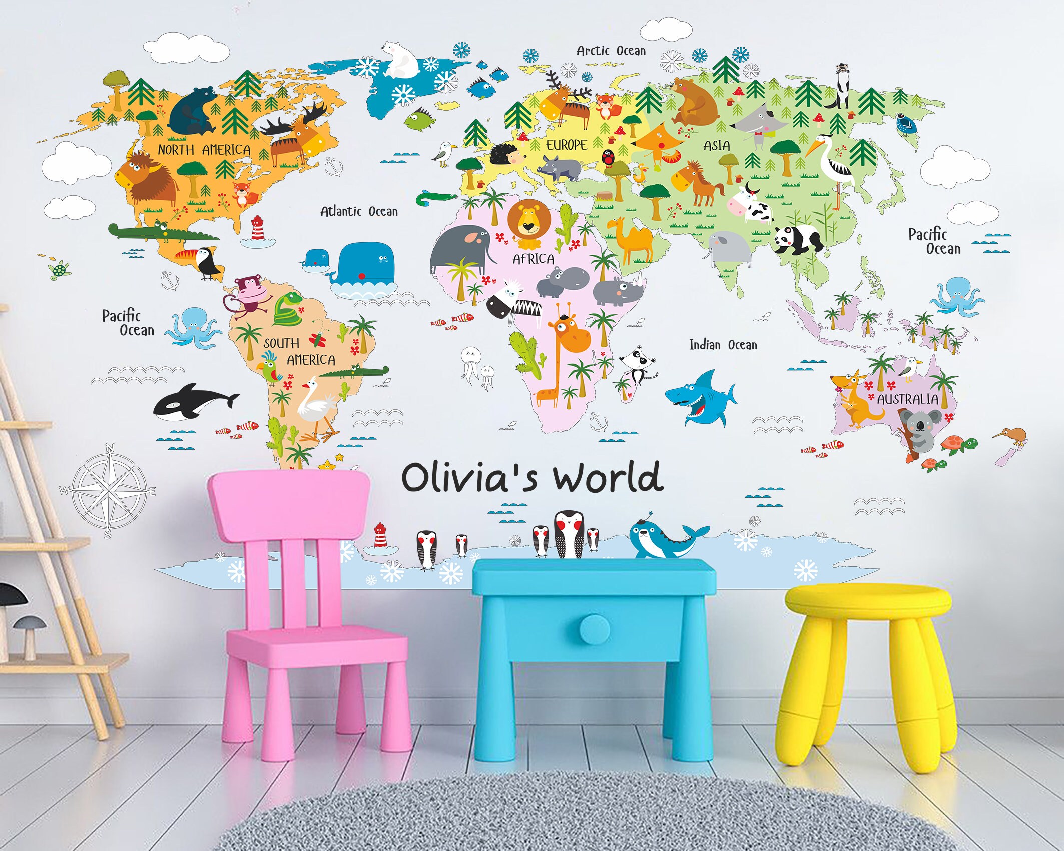 Kids Wall Decal Animal Map Wall Sticker Playroom Nursery Wall Etsy