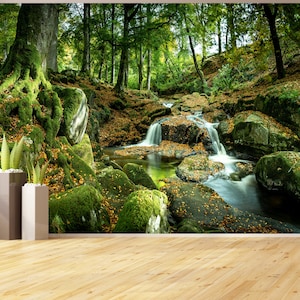 May include: A lush green forest scene with a cascading waterfall flowing over moss-covered rocks. The water is clear and sparkling, and the forest is full of vibrant green foliage.