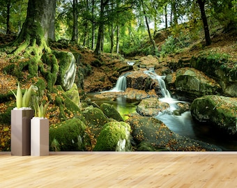 Forest Stream Waterfall Mural, Peel and Stick Photo Wallpaper