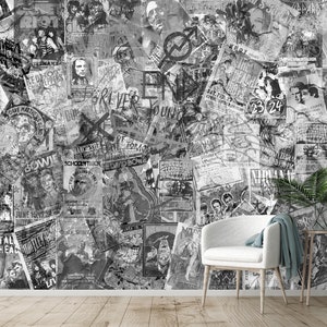 Carta da parati murale con poster di musica antica in bianco e nero, decorazione da parete rock and roll, carta da parati per la stanza degli amanti della musica