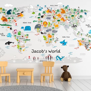 Kids World Map Wall Sticker Animal Map Wall Decal Children Map Wall Decor Kids Nursery Wall Art Large Map Stickers Kids Room Wall Decor