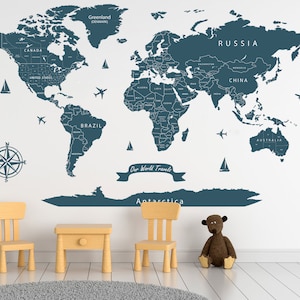 Adesivo per mappa del mondo extra large, mappa del mondo blu navy, mappa da viaggio, adesivo per mappa del mondo con puntina da disegno, mappa del mondo, arte murale, grande decorazione da parete, stampa mappa da viaggio con puntina da disegno