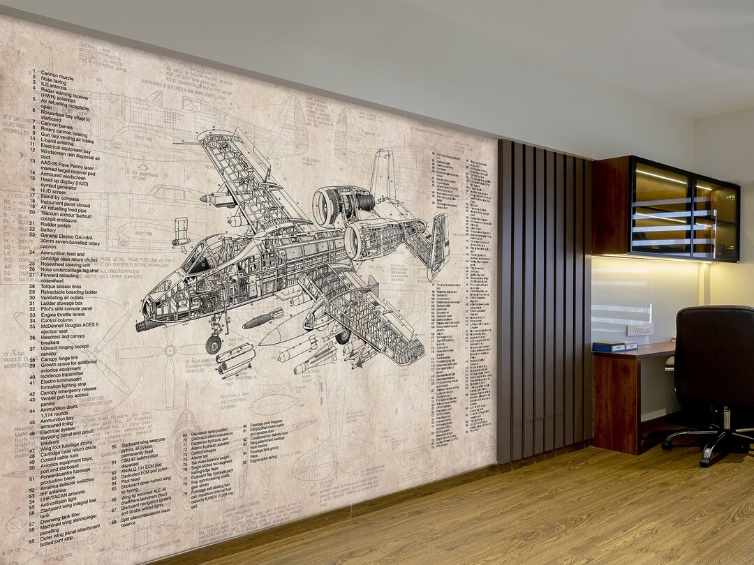 Vintage Style Airplane Blueprint Peel and Stick Wallpaper Mural Artwork