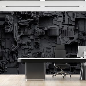 May include: A modern office space featuring a black desk, chair, and computer against a textured, dark gray wall mural with a complex, geometric design. The room has a minimalist aesthetic with a light wood floor.