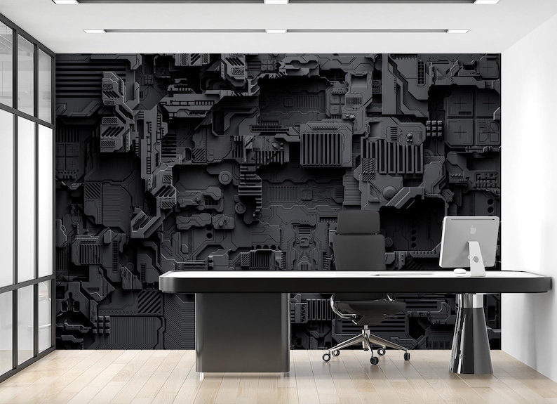 May include: A modern office space featuring a black desk, chair, and computer against a textured, dark gray wall mural with a complex, geometric design. The room has a minimalist aesthetic with a light wood floor.