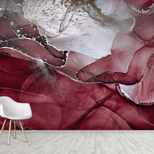 Carta da parati astratta bordeaux, stacca e attacca, murale in marmo, stampa murale in marmo bordeaux, dipinto astratto moderno, carta da parati di lusso stampabile
