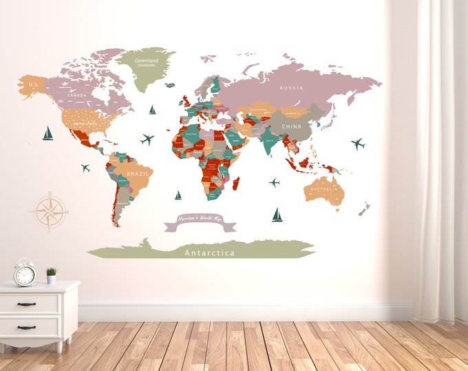 Large Wall Decal - World Map with Country Names | Map Wall Sticker | Push Pin World Map | Travel Map Wall Decor | Custom Personalized Print