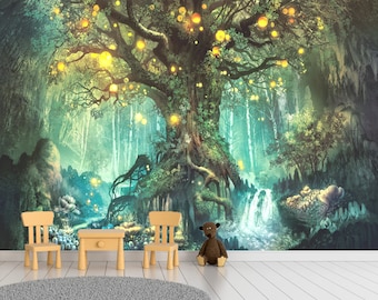 Wald Wandbild Tapete Glühwürmchen auf Fantasie Baum Wandbild Tapete Zauberwald Wandbild zum Schälen und Aufkleben Kinderzimmer-Abziehbild