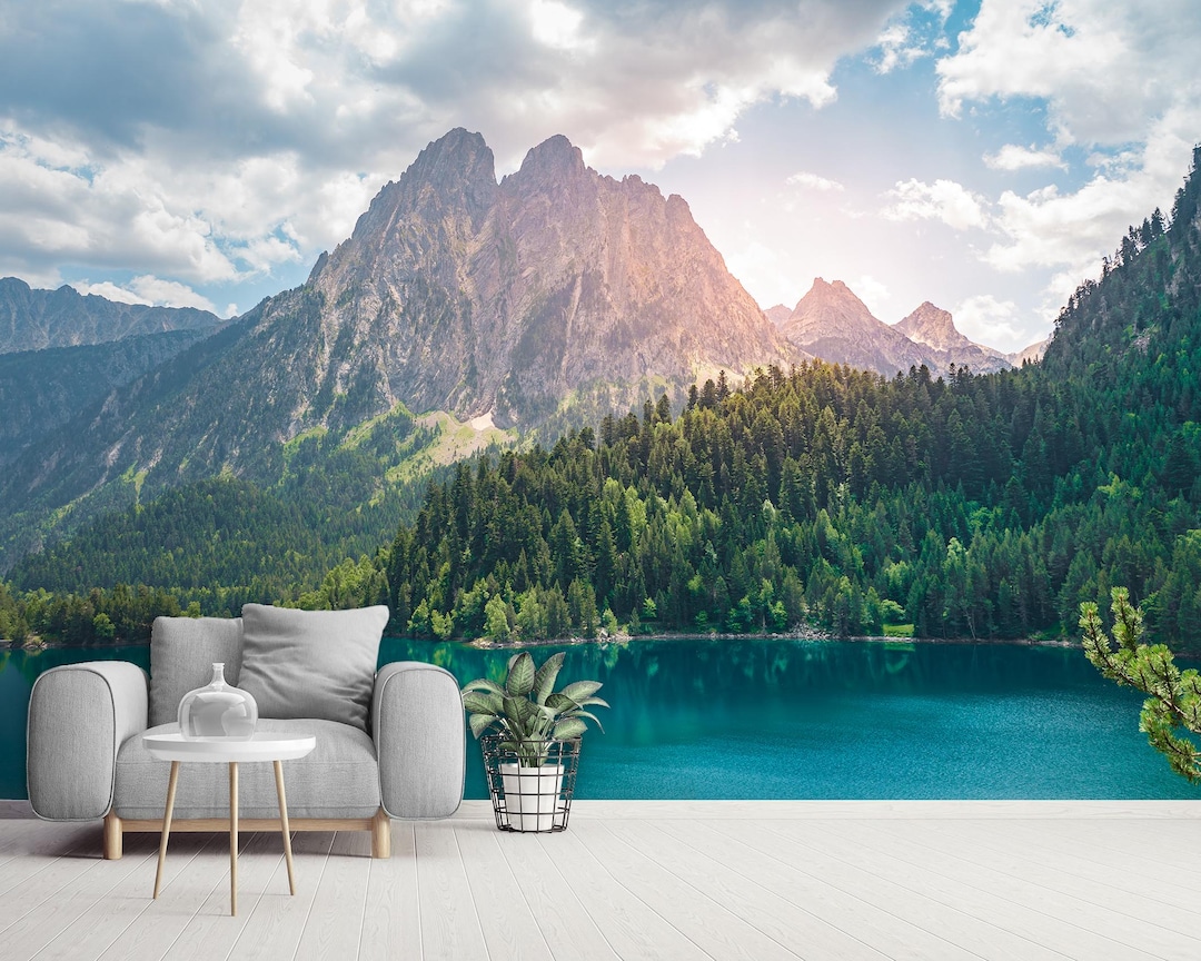 Mountain Landscape Wall Mural – Scenic Lake and Forest Wallpaper for ...