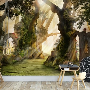 Dreamy Old Forest Wall Mural Wallpaper Fantasy Forest Landscape with Big Trees and Ancient Ruins Adhesive or Traditional Wallpaper Print