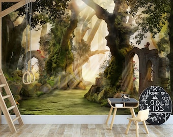 Dreamy Forest Wall Mural | Whimsical Fantasy Landscape Wallpaper for Kids Playroom & Nursery Decor