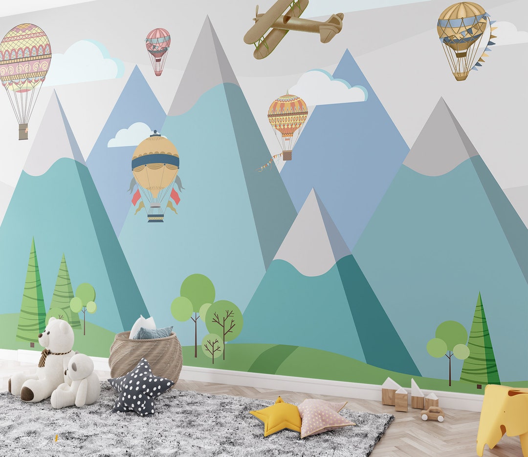 Wall Mural Kids Mountain Peaks With Hot Air Balloons Wallpaper Kids ...