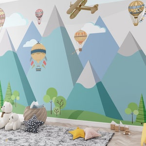 Wall Mural Kids Mountain Peaks with Hot Air Balloons Wallpaper Kids Room Wall Decor Peel and Stick Child Playroom Nursery Accent Wallpaper