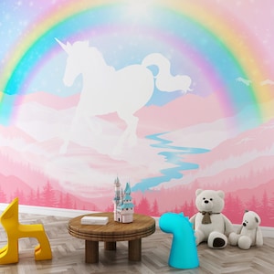 Girl Room Decor Baby Room Wallpaper Rainbow Unicorn Wall Mural Kids Wallpaper Peel and Stick Pink Blue Fantasy Nursery Wallpaper Mural Decal