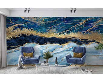 Blue Wall Mural Marble Wallpaper Peel and Stick Blue Abstract Wallpaper Blue Marble Wall Mural Modern Bedroom Living Room Accent Wall Decor